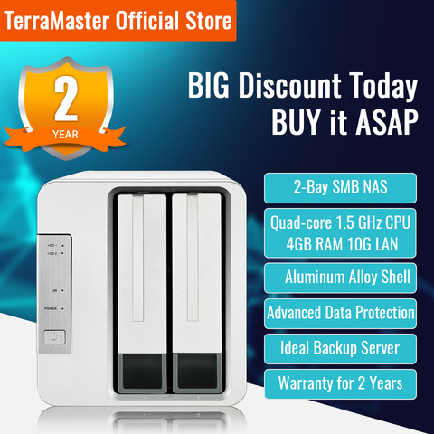 TerraMaster F2-422 2 Baies 10GbE Serveur de Stockage en Nuage NAS Intel Quad-Core 1.5Hz Stockage réseau et de Chiffrement Matériel AES NI (sans Disque) ► Photo 1/6