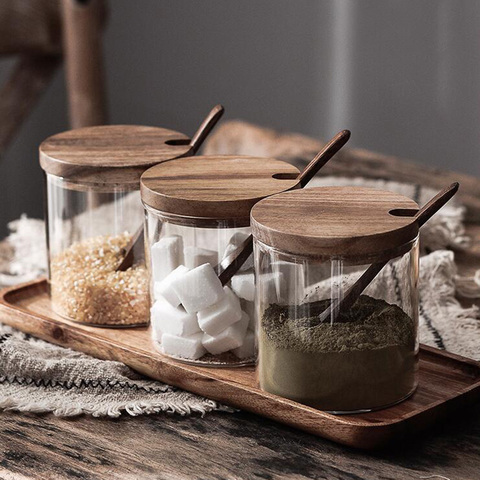 Pot d'assaisonnement de cuisine récipient à épices en verre pots de sel Pot de Condiment avec couvercle et cuillère assaisonnement stockage Pot de verre outil de cuisine ► Photo 1/6