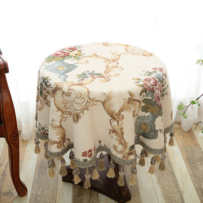 Nappe de table basse en jacquard, ronde, avec pompon, style européen, chenille ► Photo 1/6