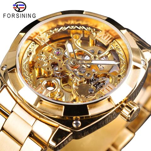 Forsining – montre mécanique automatique pour hommes, horloge squelette, rétro, transparente, marque de luxe, aiguilles entièrement lumineuses dorées ► Photo 1/6