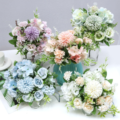 Offre spéciale 1 pièce de multicolore mixte fleur belle rose fleur artificielle hortensia soie faux bouquet pour mariage de famille dec ► Photo 1/6