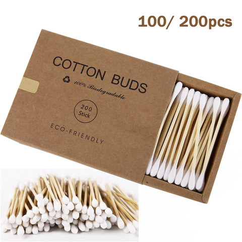 Coton-tiges à Double tête en bambou, jetables, 100 à 200 pièces, pour nettoyer le nez et les oreilles, bâtonnets en bois ► Photo 1/6