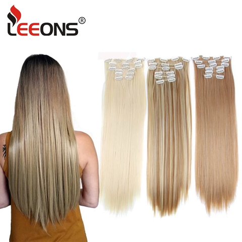 Leeons-Extensions capillaires synthétiques 16 couleurs | Postiche longue lisse en Fiber de haute température, perruque noire brune 16 couleurs ► Photo 1/6