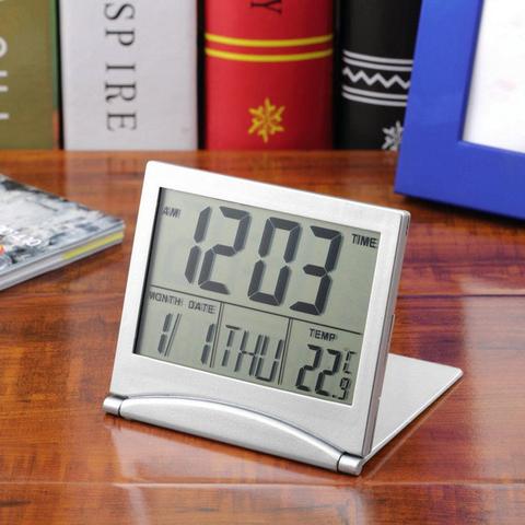 Réveil numérique LCD pliable, calendrier électronique, thermomètre, Mini horloge de bureau, de chevet, pour femmes et hommes ► Photo 1/3