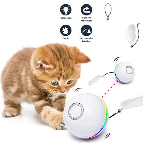 Chat intelligent automatique jouets boule Interactive cataire USB Rechargeable auto-rotatif coloré Led plume cloches jouets pour chats chaton ► Photo 1/6