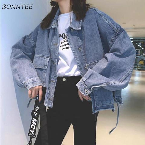 Vestes femmes Simple Chic Harajuku tout-match solide Denim col rabattu adolescent Streetwear poches à la mode femmes veste et manteaux ► Photo 1/6