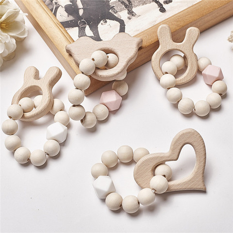 Bracelets de dentition en Silicone pour bébé, anneau de dentition en bois en Silicone, perles de dentition, hochets en bois, jouets, anneau de dentition pour bébé, accessoires d'allaitement, cadeau ► Photo 1/6