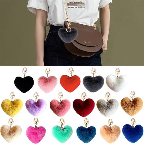 2022 New Lovely Heart Keychains Women's Pom Poms Faux Rex Rabbit Fur Ball Key Chains Girl Bag Hang Car Key Ring Pendant ► Photo 1/6