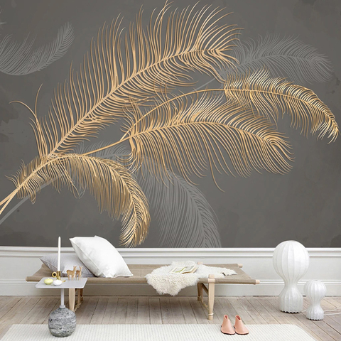 Plumes dorées gaufrées 3D, peinture murale moderne personnalisée ► Photo 1/6