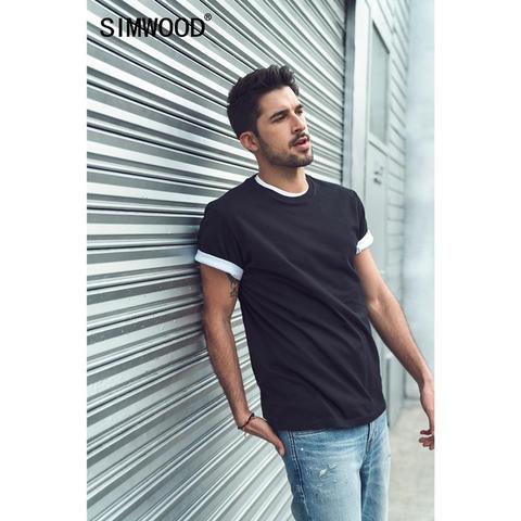 SIMWOOD 2022 été nouveau 100% coton t-shirt hommes col rond couleur unie t-shirt basique t-shirts grande taille à manches courtes hauts 190402 ► Photo 1/6