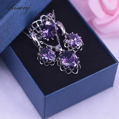 Bijoux de Costume pour femmes, bague, boucles d'oreilles, collier avec pendentif, Zircon cubique violet, argent AAA, ensemble de bijoux de mariée, grande vente, 925 ► Photo 1/6