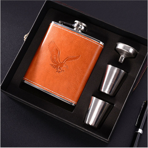 Ensemble de flacons de hanche 7oz, entonnoir et verres à vin, bouteille d'alcool et de whisky de luxe en acier inoxydable, ensemble de flacons en cuir, pour homme, cadeau ► Photo 1/6