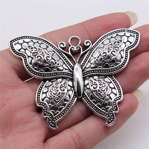 WYSIWYG – breloques papillon antiques en métal, pendentif, fabrication de bijoux, couleur argent, 53x71mm, 1 pièce/lot ► Photo 1/3