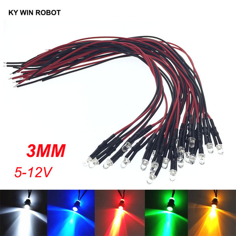 10 pièces 3mm LED 5-12V 20cm précâblé blanc rouge vert bleu jaune UV RGB Diodo lampe décoration Diodes électroluminescentes pré-soudées ► Photo 1/6