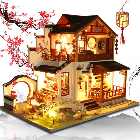 Maison de poupée en bois, bricolage, Architecture de ville chinoise, maisons de poupées Miniatures, avec meubles, jouets, cadeau d'anniversaire pour enfants, ami ► Photo 1/6