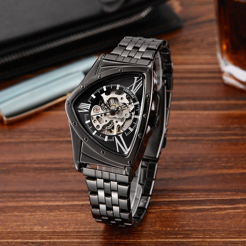 Montre mécanique triangulaire en acier inoxydable pour homme, accessoire de marque à la mode, horloge masculine, livraison directe!! ► Photo 1/6