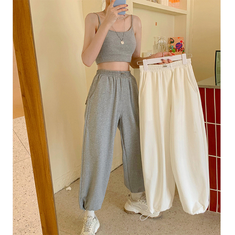 Femme pantalon Streetwear Style coréen ample Joggers femmes pantalons de survêtement gris taille haute confort Simple basique décontracté mode pantalon ► Photo 1/6