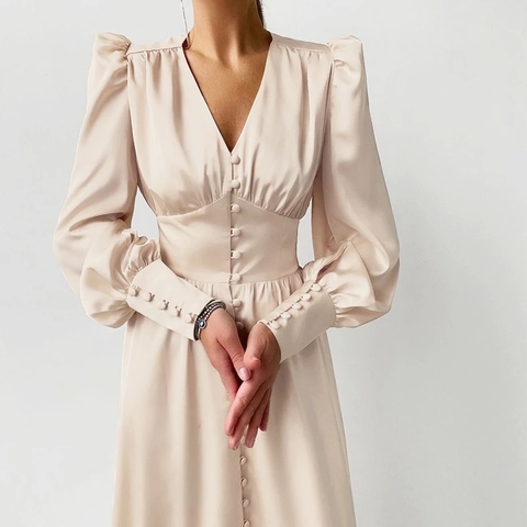 Robe longue de bal en Satin pour femmes, manches lanternes, ligne a, taille haute, Slim, élégante, vêtements de fête, de nouvel an, 2022 ► Photo 1/6