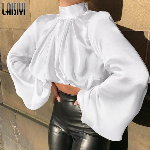 LAISIYI 2022 printemps lanterne à manches longues Blouse automne col roulé Satin soie femmes chemise Boho évider femmes hauts et chemisiers ► Photo 1/6