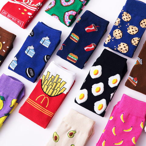 Femmes chaussettes drôle mignon dessin animé Fruits banane avocat citron oeuf Cookie beignets nourriture heureux coloré nouveauté skateboard chaussettes ► Photo 1/6