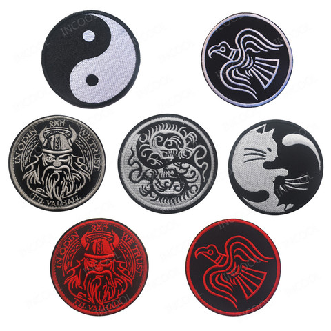 Patch de broderie noir blanc chat Dragon oiseau Yin Yang patchs militaires emblème de Combat tactique autocollant de vêtements Badge brodé ► Photo 1/6