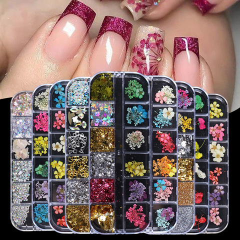 Mélanger fleurs séchées décorations pour ongles bijoux naturel feuille florale autocollants 3D Nail Art conceptions vernis manucure accessoires ► Photo 1/5