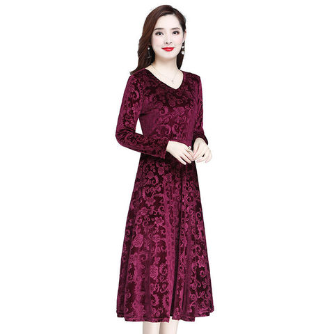 Femmes printemps automne Style velours robe femmes à manches longues couleur unie col en v élégant mince robe AA3295 ► Photo 1/6