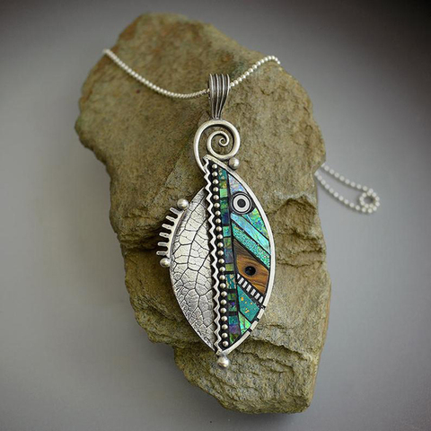 Boho Tribal vert feuille longue pendentif collier femmes mode bijoux couleur argent métal dentelé spirale collier cadeau ► Photo 1/4