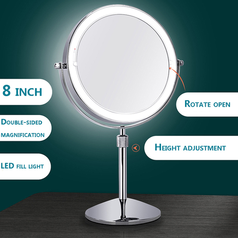 Miroir de maquillage relevable pour table de chambre ou de salle de bain de 8 pouces, Double grossissement 3X 5X 10X avec lumière LED, rotation de 360 degrés ► Photo 1/6