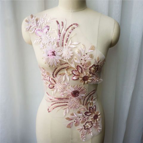 Robe brodée en dentelle à fleurs rose, 1 ensemble 2 pièces, patchs de couture en maille pour décoration de mariage, bricolage ► Photo 1/6