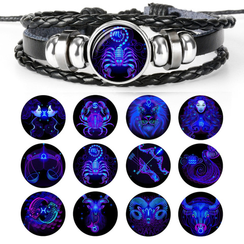 Bracelet lumineux 12 constellations en cuir, scintillant dans le noir, glamour, pour hommes et femmes, à la mode ► Photo 1/6