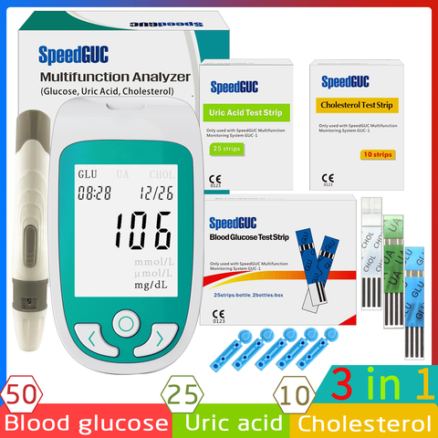 3in1 multifonction cholestérol acide urique lecteur de glycémie glucomètre kit diabète goutte testeur moniteur de sucre dans le sang bandelettes de Test ► Photo 1/6