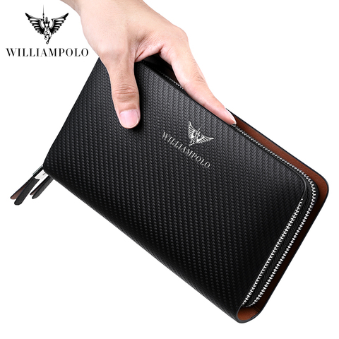 WILLIAMPOLO hommes portefeuille affaires grande capacité pochette en cuir véritable pochette portefeuille Double sac à main à glissière hommes longs portefeuille ► Photo 1/6