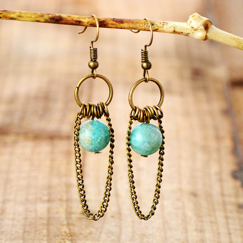Boucles d'oreilles Vintage en chaîne d'amazonite pour femmes, bijoux style bohème, Art déco, cadeaux ► Photo 1/4