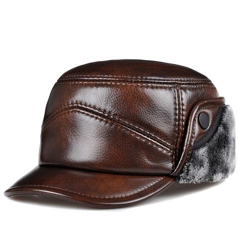 RY0203 2022 cache-oreilles en cuir véritable fausse fourrure casquette hommes mâle épaissir Bomber chapeaux hiver coupe-vent chaud chapeau plat Gorras papa cadeau ► Photo 1/6