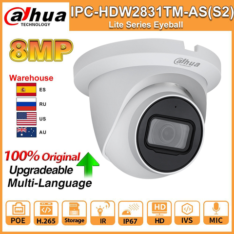 Dahua Original 8MP 4K HD caméra IP IPC-HDW2831TM-AS-S2 IPC PoE IR 30m WDR IP67 H.265 micro IVS caméra réseau CCTV caméra de sécurité ► Photo 1/6