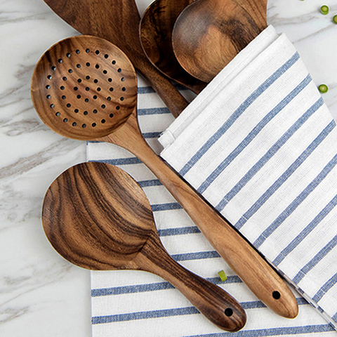 Cuillère de cuisine en bois passoire en bois de teck cuillère pelle à riz palette grande cuillère en bois écumeur pour la cuisson d'ustensiles de cuisine en bois ► Photo 1/6