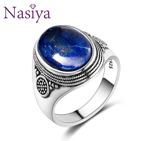 Nasiya – bague en Lapis Lazuli ovale pour homme et femme, anneau de luxe Vintage en argent Sterling 10x14MM, bijoux de fête d'anniversaire ► Photo 1/6