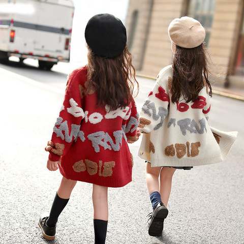 Cardigan en tricot pour filles manteaux avec lettres brodées, manteau ample épais et Long en tricot, manteau imprimé pour enfants ► Photo 1/5