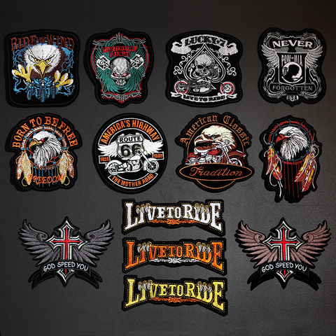 Patchs de broderie Punk patte d'aigle Live to Ride tête de mort pour vêtements, Badge autocollant à rayures pour motard ► Photo 1/6