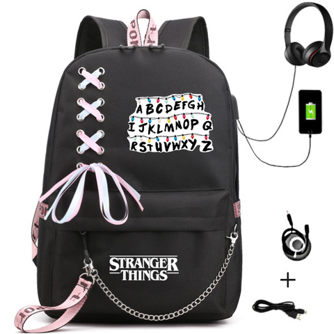 Sac à dos strange Things imprimé, lettres, recharge USB, sac d'école pour femmes et hommes, sac d'école pour adolescentes, rubans Mochila ► Photo 1/5