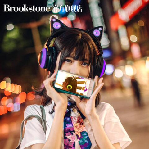 Orignal Brookstone 1S oreilles de chat sans fil bluetooth casque style bande dessinée deux dimensions LED Luminescence jeu casque pour fille ► Photo 1/6