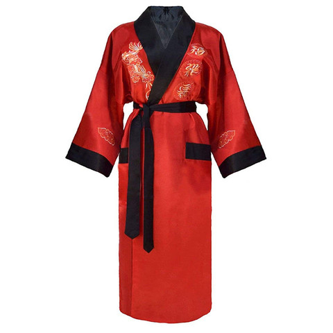 Rouge noir chinois hommes réversible Satin Robe broderie Dragon Kimono peignoir Robe deux côtés vêtements de nuit soyeux vêtements de nuit Sexy en vrac ► Photo 1/6