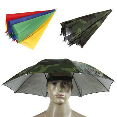 Portable tête-monté parapluie 55cm soleil ombre léger Camping pêche randonnée Festival extérieur Parasol pliable parapluie casquette ► Photo 1/6