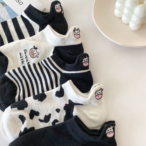 Noir et blanc broderie chaussettes femelle ins marée chaussettes bouche peu profonde été dessin animé vache mignon rayé bateau chaussettes ► Photo 1/5