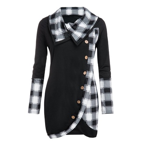 Vetement femme grande taille chemise a carreaux chemisier femme manches longues col roulé a carreaux tunique Tartan sweat-Shirt pull ► Photo 1/6