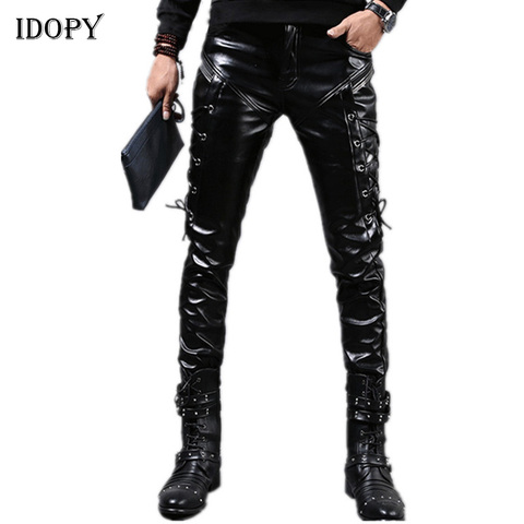 Idopy-pantalon en Faux cuir PU pour hommes, pantalon Skinny en similicuir, pour fêtes, pour Performance sur scène et boîte de nuit, Steampunk, à lacets ► Photo 1/6