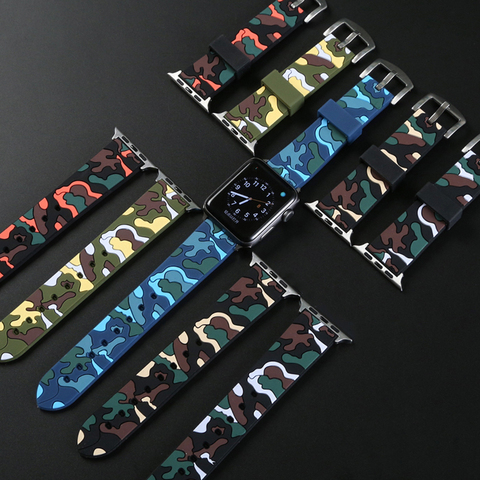 Bracelet de Camouflage en silicone pour Apple Watch, 42mm 38mm, iWatch 40mm 40mm, série 6 5 4 3 2, bracelet sport ► Photo 1/6