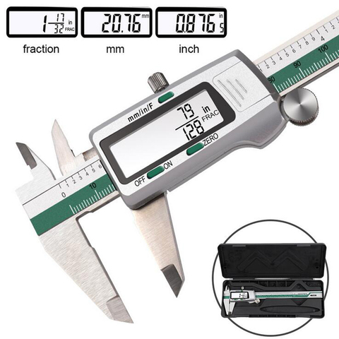 Acier inoxydable affichage numérique étrier 150mm Fraction/MM/pouce haute précision en acier inoxydable LCD Vernier pied à coulisse outil de mesure ► Photo 1/6