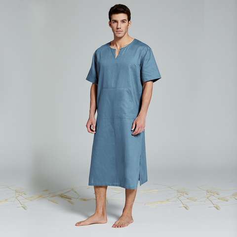 Chemises de nuit en coton véritable lin pour hommes peignoir Extra large à manches courtes Robe Caftan vacances vacances Robe de plage ► Photo 1/6